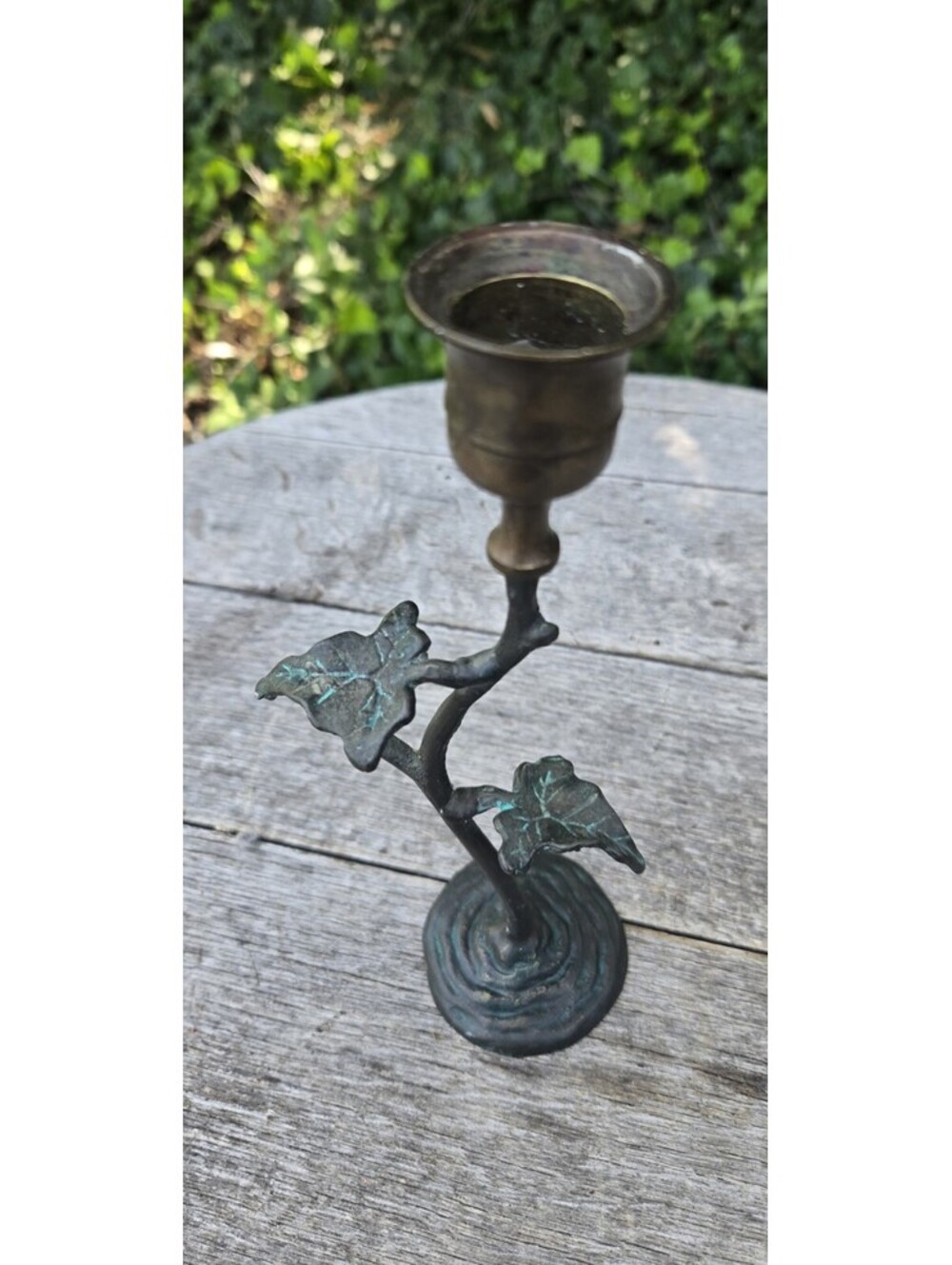 Vtg Verdigris Brass Candle Taper Candlestick Holder Patina Leaves